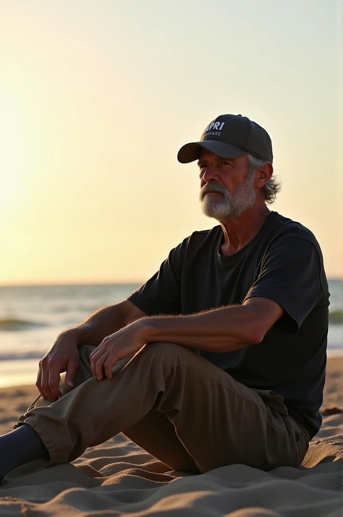 A simple man wearing a black t-shirt and a hat with APRI written on it sits on the beach. 
