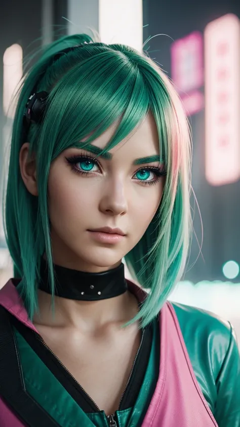 woman, Realistic character, Green hair with pink strands, Blue eyes, anime, One, modern, cyberpunk