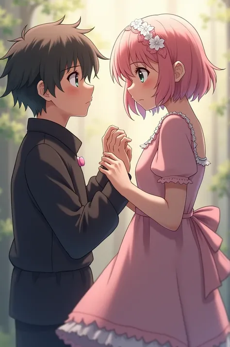 A anime girl crying in pink dress with curly hairs and have bangs gray eyes and a anime boy standing besides him comforting her to not to cry in black dresss with green eyes