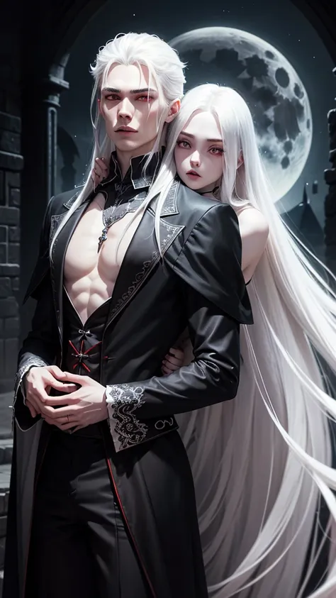 1 tall young man, vampire, white long hair, black doublet, detailed background, gothic castle, red eyes, white moon, black cat, bare chest, bites a girls neck, blood flows, eyes glow