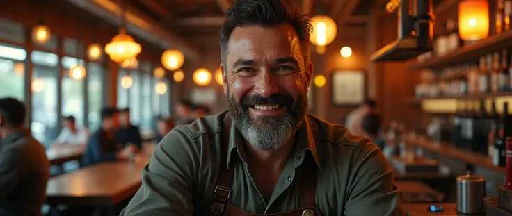 A Guy, 26., American-Japanese, American Look, Smiley face, Inside a bar, got some beard, Looks like Captain John Price from Call Of Duty, friendly face, people drinking in the background, He is the bar owner, Katana hanging on the wall