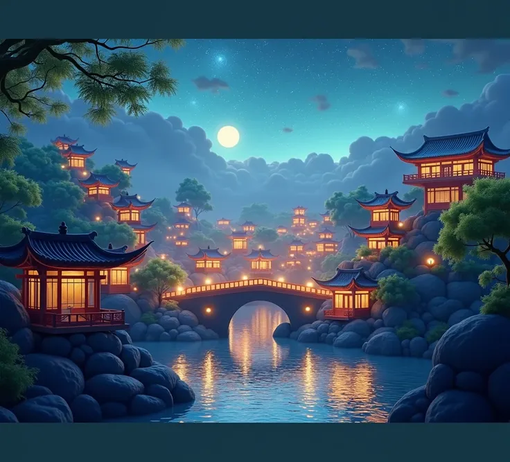 The main body of the picture is the starry sky, and there are many Chinese buildings scattered below the picture.Chinese buildings, At night, the buildings occupy about one fifth of the picture. Micro-landscape, 3D, C4D, soft lighting, green leaves, the wh...