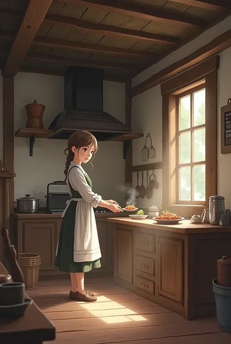 woman cute  a peasant woman from the 1700s  old house serving lunch  anime