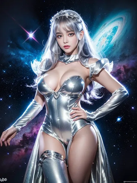 4K Ultra HD, Masterpiece, A girl with a magical aura, (good face:1.4), very Long hair, Detailed eyes, Glossy lips, Lolita costume, (silver costume:1.5), The aura around the body, Magical effect, Spread white light, Cosmic elements and ethereal atmosphere, ...