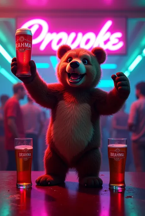 Create an Instagram post image for a party called PROVOKE with a bear holding a Brahma beer mug (which has red as its main color) at a neon-themed party. Include the drinks Corote and Canelinha in the image as well.