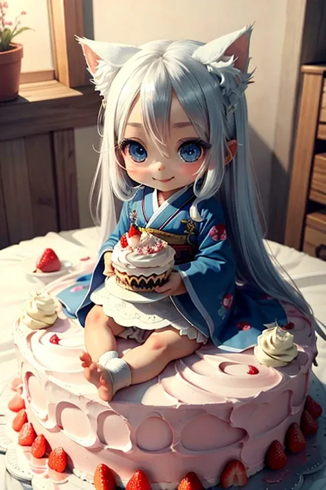 Cute chibi anime sitting on a strawberry cake, birthday cake, long silver hair、Have cat ears、blue eyes、wear white kimono, smile, 