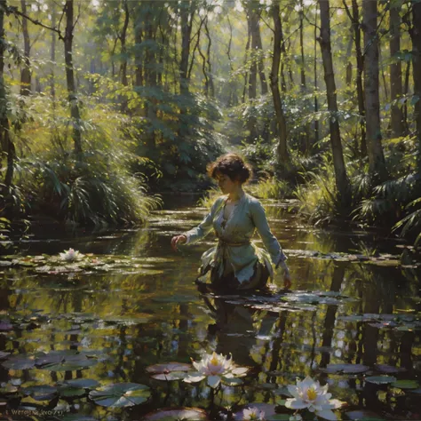 Image created by a beautiful lily nymph in the forest, between light and shadow, dynamic scene, high resolution film, Bright, Insanely detailed and intricate, highly detailed, Artstation by WLOP, by artgerm, Art by Alfons Mucha, Gustav Klimt, Aubrey Beards...