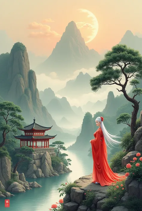 ancient chinese painting, Ancient Chinese Background, mountain range, river, tree, Auspicious Cloud, pavilion, The moon shines brightly,There is a young woman with white hair and a red dress., Masterpiece, Superb details, grand element, Ultra HD, High qual...