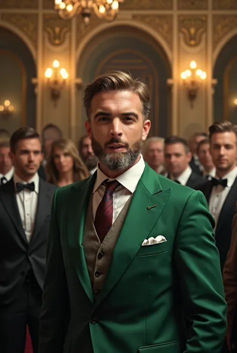 A realistic picture of fifty years aged man with light brown hair and fair complexion having beared in his face wearing a green suit . He has angry face. He is standing on a ball room filled with man and woman. 