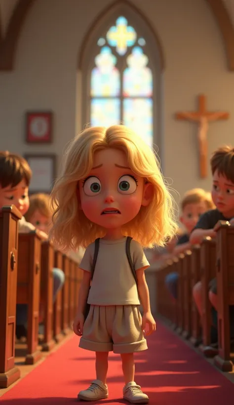 A pixar style of an upset little blonde girl at Sunday school in church 