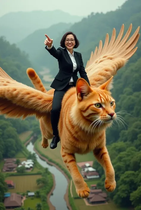 Bad quality. funny laugh beautiful thai woman in black suit wearing glasses black trousers carrying a backpack hands pointing forward hands pointing forward riding a giant fat cat monster with thick orange fur has long wide wings flying fast high speed ext...