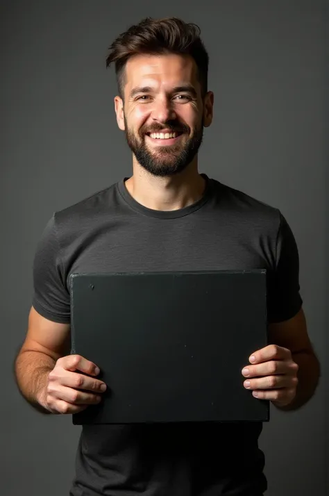 Photograph is to be taken with a man holding a black slate in front of his chest