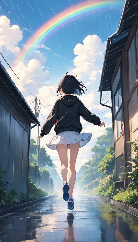 anime、((Amazingly absurd)),(masterpiece:1.2),超High resolution, Attention to detail, high quality, High resolution, 最high quality, 4K, 8k、Black hoodie、White Skirt、Black Hair、short hair、:is、cute、Running figures、When it rains, a rainbow appears in the sky、Sum...