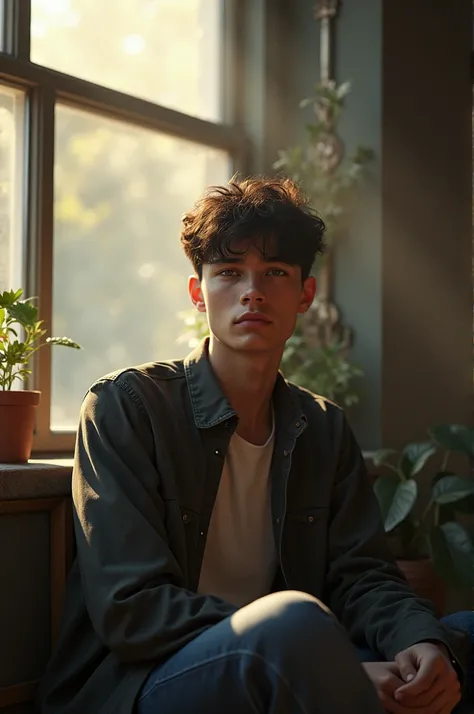 A 20 years old boy sitting on studio and in background there is rays coming from glass, ultra realistic 