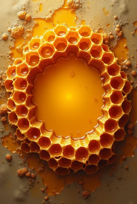 Please generate a painted image of a honeycomb showing different painting techniques and Im showing the Golden honey color at the center with different various colors but the side or age of the honeycomb to give it more artistic touch