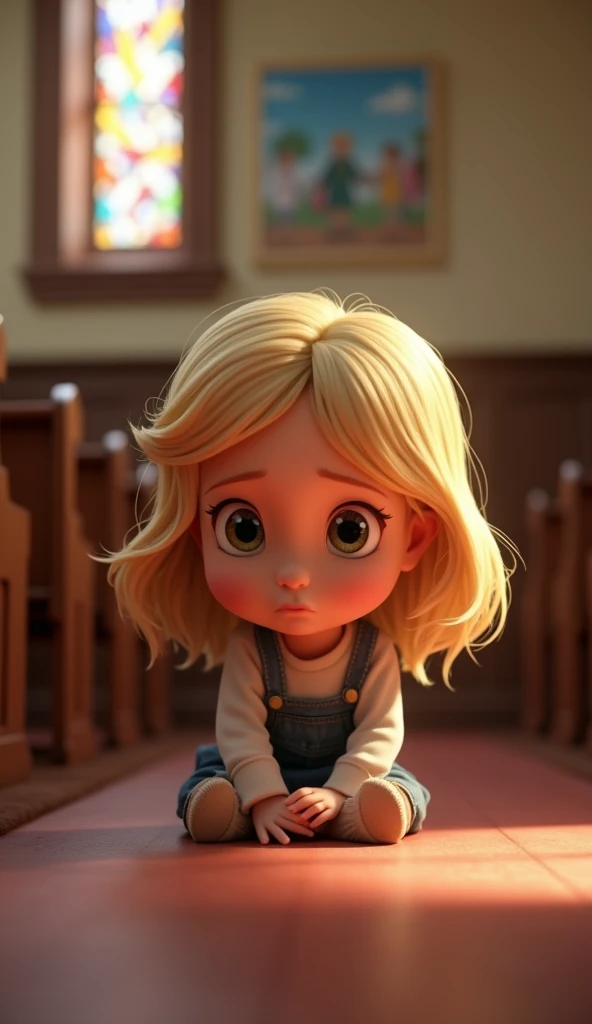 A pixar style of a sad little blonde girl with silky hair at Sunday school in church 