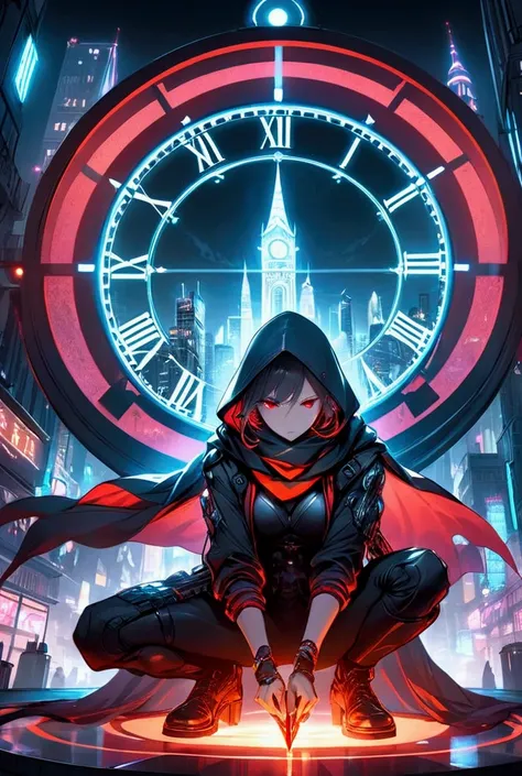 an assassin crouching on top of a clock tower in a cyberpunk city, clad in a flowing scarf, sword carried behind the body, one hand holding an intricate knife, glowing red eyes, clock tower, cyberpunk city, neon city, glowing, shiny, scifi, neon lights, in...