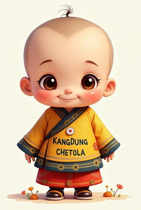 Cute small  human wearing Bhutanese gho write name on it as kangdung chetola