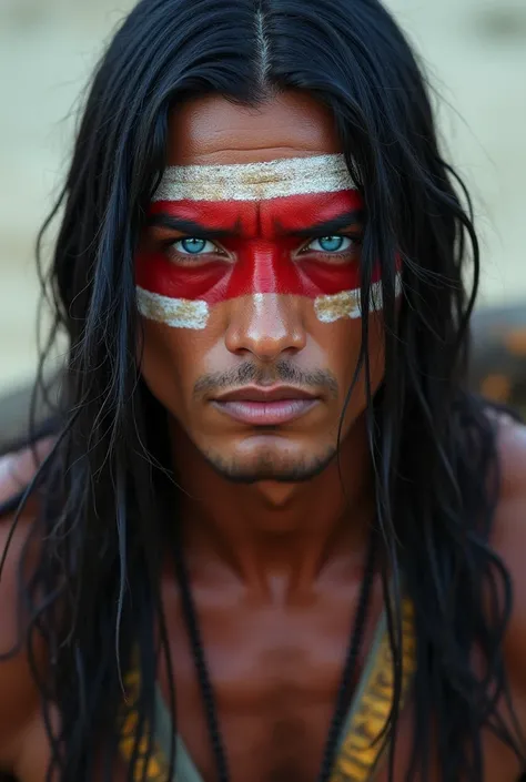 White Indian Man,  has a face painted with a red stripe , he is beautiful and beautiful and beautiful, long straight black hair, he is Indian and has muscles and is big, he is a blue eyed warrior