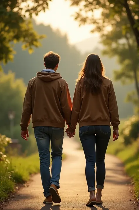 A picture of a couple walking  taken from behind 