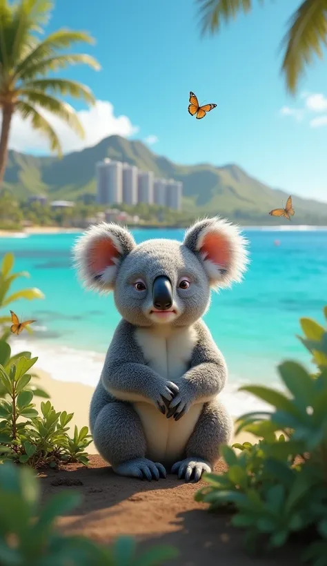 1匹のkoala、正面にkoalaがいる、beautiful sea、butterfly々Fluttering、Beautiful sky、There are hotels and palm trees in the background.、Hawaii Travel、Real、Super detailed、3d、koala、Lullaby、Ultra-clear、High resolution, Anatomically correct, masterpiece, accurate, 最高quality,...