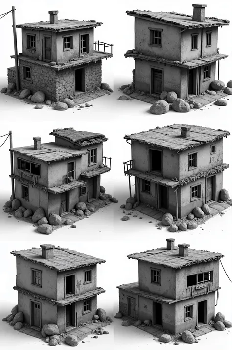 as a 3d reference, create multiple models separated into distinct house blocks, very old wooden and masonry shack with slum characteristics vector p&B, presentation concept of old houses and shacks that represent the poverty of Brazilian favelas.