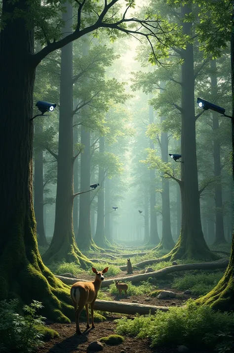 Give me a visualization image in which the trees have secret cameras in order to monitor the wildlife movements in the forest areas.