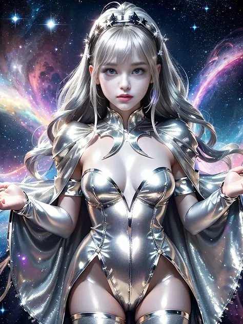 4K Ultra HD, Masterpiece, A girl with a magical aura, (good face:1.4), very Long hair, Detailed eyes, Glossy lips, Lolita costume, (silver costume:1.5), The aura around the body, Magical effect, Spread white light, Cosmic elements and ethereal atmosphere, ...