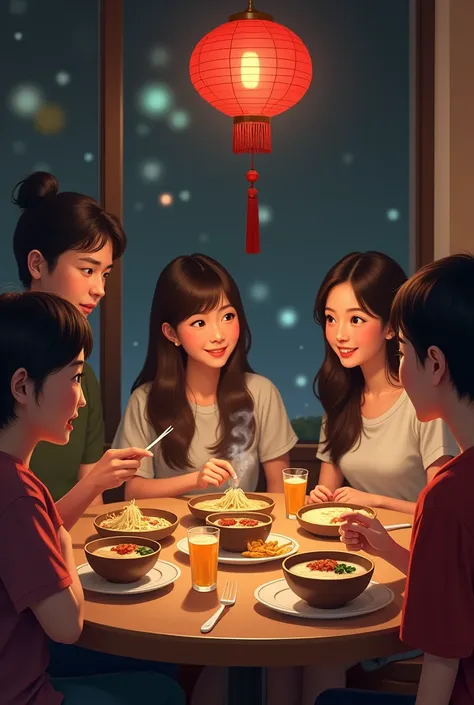 Young Asian travellers are enjoying free late night meal that the hotel provide. On the table, there are noodle soup, congee, and glasses of water. Be realistic.