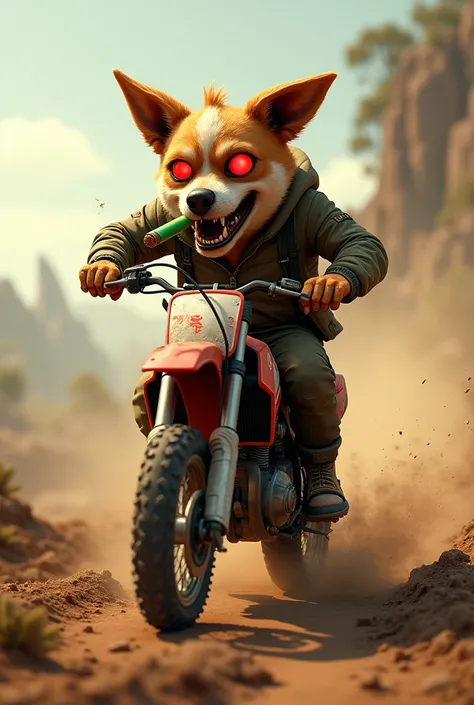 Crazy drooling dog motocross bike with green cigar smoking red eyes