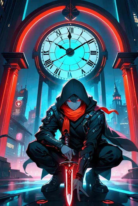 an assassin man crouching on top of a clock tower in a cyberpunk city, flowing scarf, sword behind body, hand holding intricate knife, glowing red eyes, clock tower, cyberpunk city, neon city, glowing, shiny, scifi, neon lights, intricate artistic color, c...