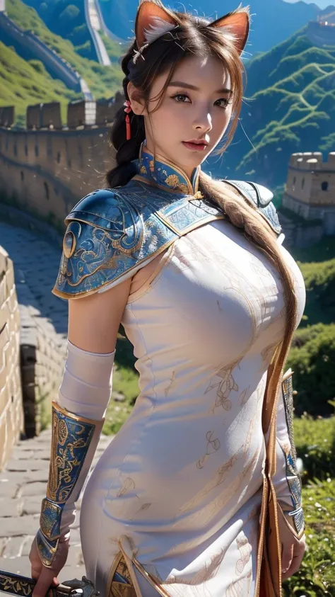 (1 female)), ((16K)), Mature Woman, ((((Female warrior with a spear))))、(((Attractive Swedish model:1.0))),((Beautiful Swedish Model))、(((Cat ear)))、(((Cat earの女性)))、(((China dress)))、(((Chinese National Costume)))、(((Toned body))),(((Big Breasts))),(((Big...