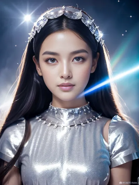 4K Ultra HD, Masterpiece, A girl with a magical aura, (good face:1.4), very Long hair, Detailed eyes, Glossy lips, Lolita costume, (silver costume:1.5), The aura around the body, Magical effect, Spread white light, Cosmic elements and ethereal atmosphere, ...