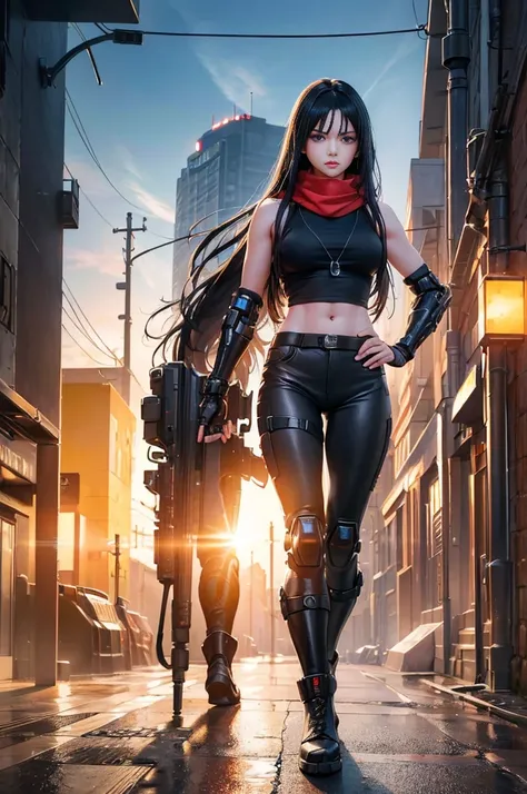 a young woman with long black hair and blue eyes, her arms replaced by futuristic cybernetic implants, wearing a sleeveless yellow t-shirt, a red scarf, camouflage pants, and black combat boots, standing upright and looking directly at the camera, hands on...