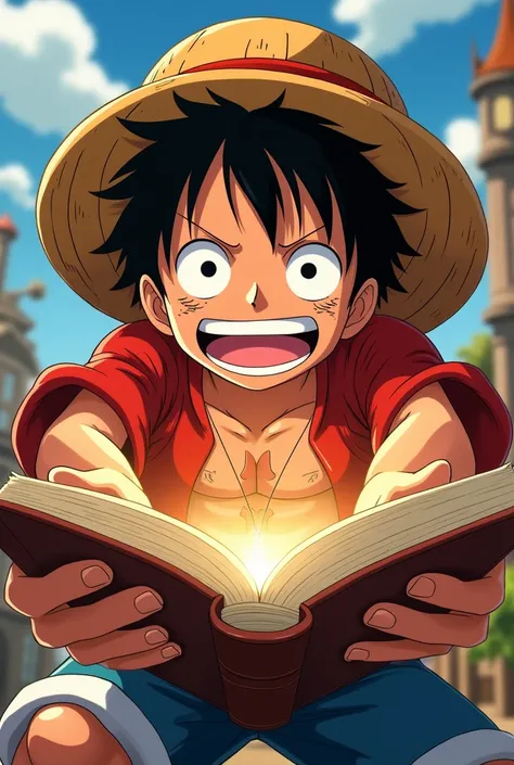 Photo of Luffy looking amazed stretching out his arms to pick up a book