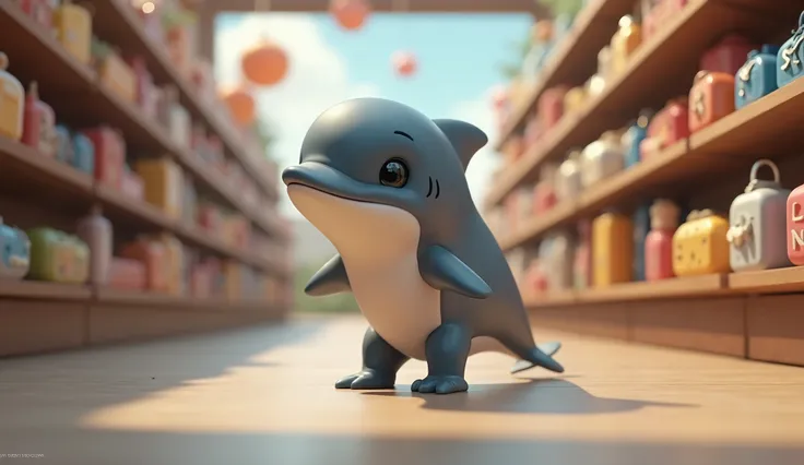 

baby dolphin,
walking ,shopping in a store ,intricate details ,With big eyes ,
With a kind and smiling face