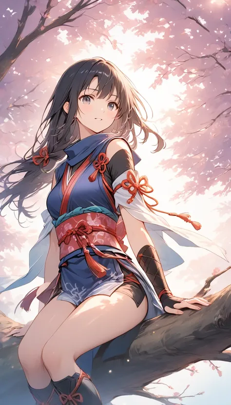 Vector art、((Female Ninja、Sengoku period))、Female Ninja、cute、Sitting on a tree branch、SakuraFubuki、Beautiful work、Light Generation、Sunbeams filter through the trees々Cast a shadow through、tits、pubic hair