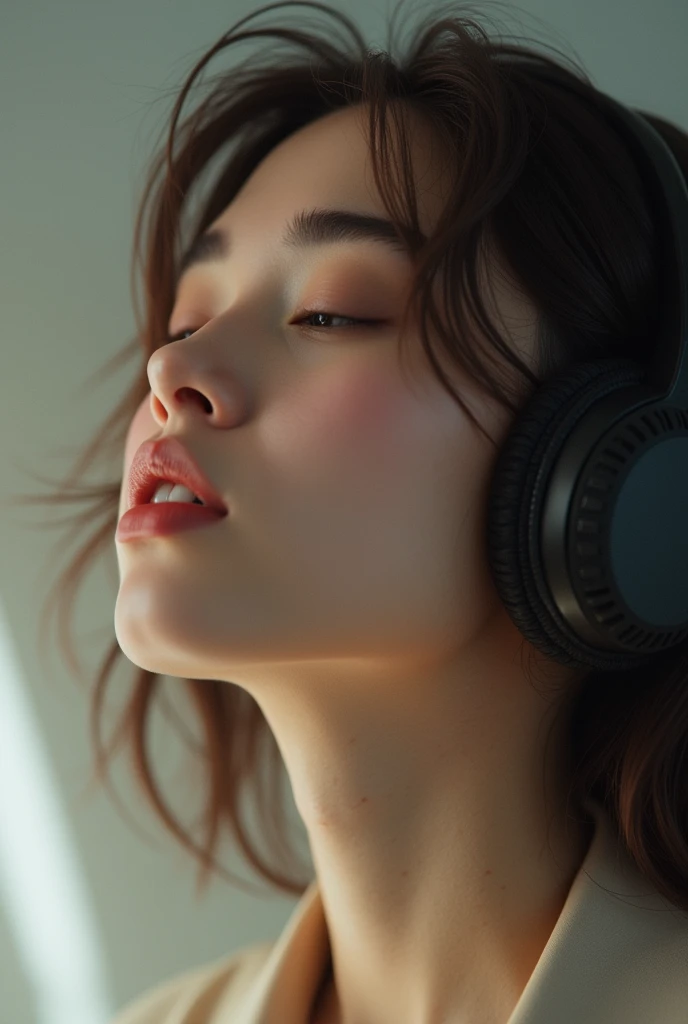 parted lips, closed eyes, headphones, 