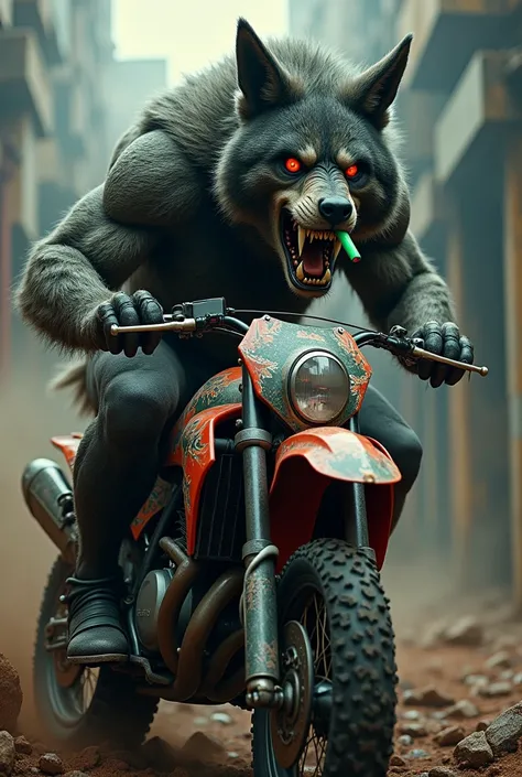 Angry, drooling, big bad wolf with red, flat eyes smoking a green cigar and riding a motocross bike 