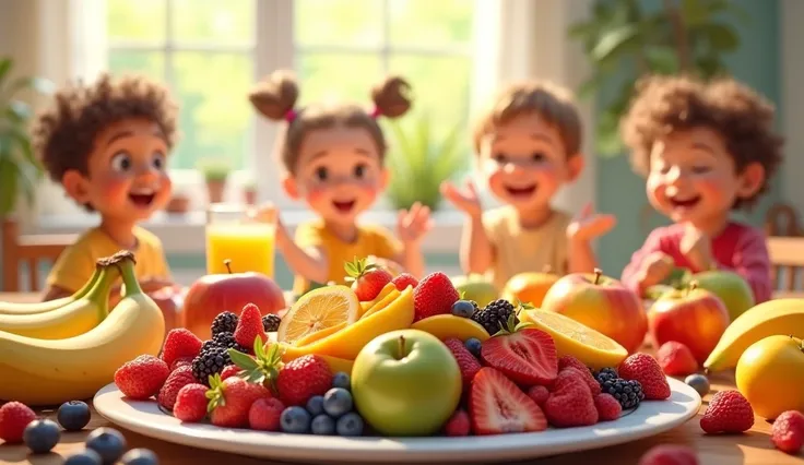 A joyful breakfast scene with a table full of fruits like bananas, apples, and berries, with a playful kids in the background 