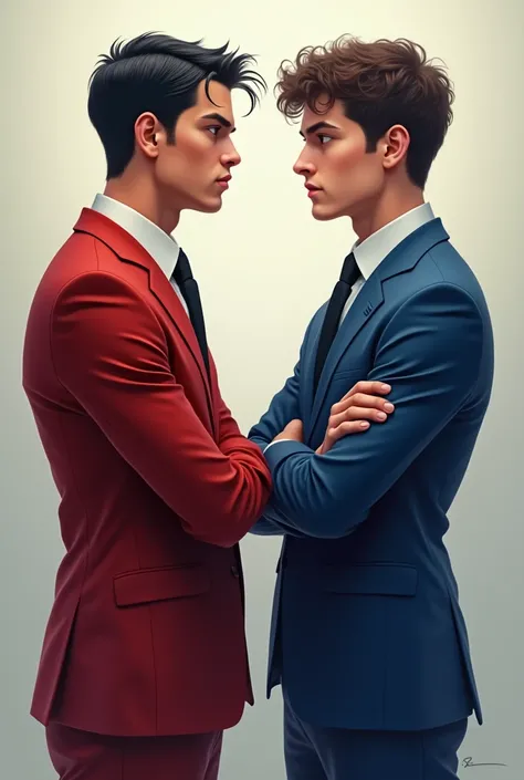 2 young men face to face looking at each other seriously with their arms crossed one has black hair with a middle parting and a red suit the other wears a blue suit and short curly hair 