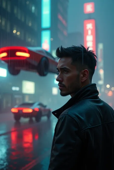 Man with short straight hair combed up and sad in the World of Blade Runner 2049 with futuristic flying cars flying in the background in the rain