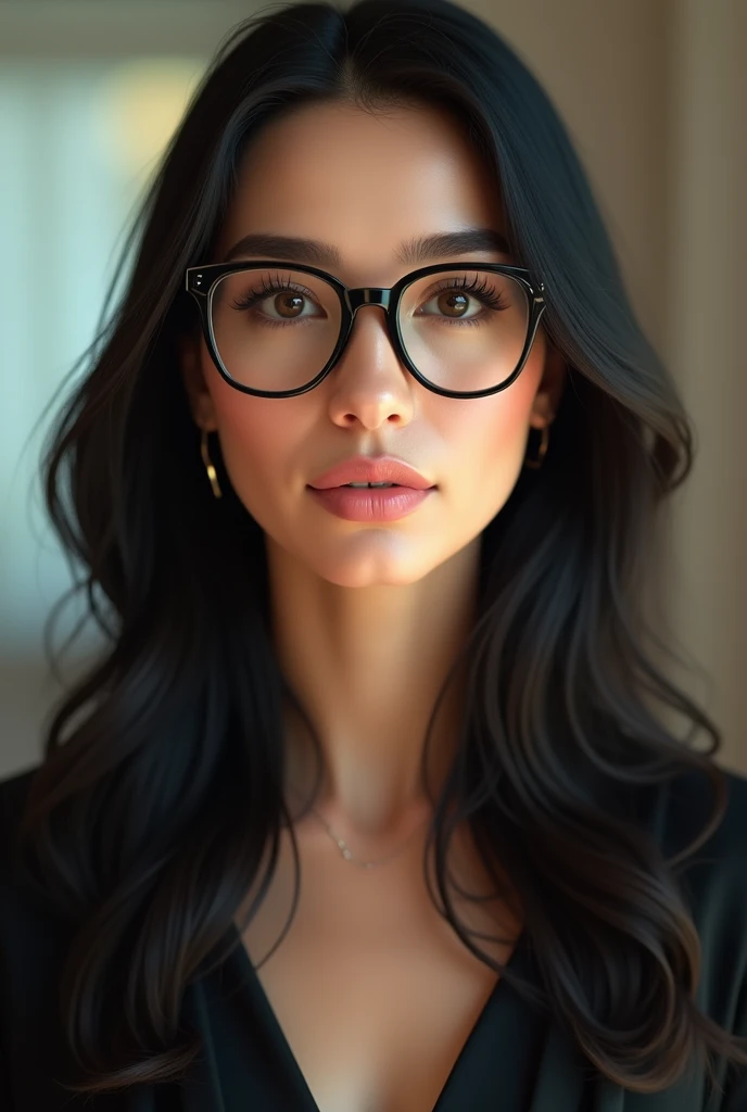 Beautiful looking middle-aged woman with long black hair and glasses  