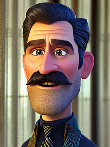 Pixarstyle A waist-high portrait of a middle aged man, balding black hair, thick mustache, lengthy in height, skinny, sweater vest, natural skin texture, 4K textures, HDR, intricate, highly detailed, sharp focus, cinematic look, hyper-detailed