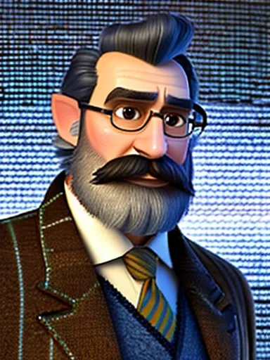 Pixarstyle A waist-high portrait of a middle aged man, balding black hair, thick mustache, lengthy in height, skinny, sweater vest, natural skin texture, 4K textures, HDR, intricate, highly detailed, sharp focus, cinematic look, hyper-detailed