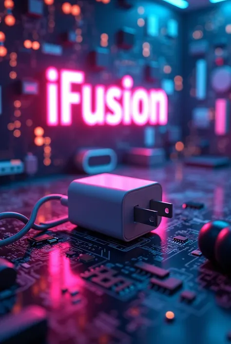 Apple 3 pin charger with charging cable shown in a image with technology background and written iFusion with neon lights