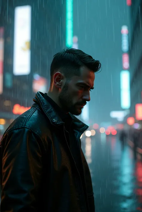 Man with short straight hair combed up and sad in the World of Blade Runner 2049 with rain