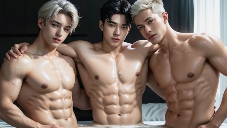 Three white-haired young boys，fair skin，handsome，The triangle briefs are wet, so I took half of them off.，裸上半身Soaked in milk，Showing six-pack abs and chest muscles with water droplets on them，Soaked in milk，纖細長腿Soaked in milk，There is a big protrusion from...