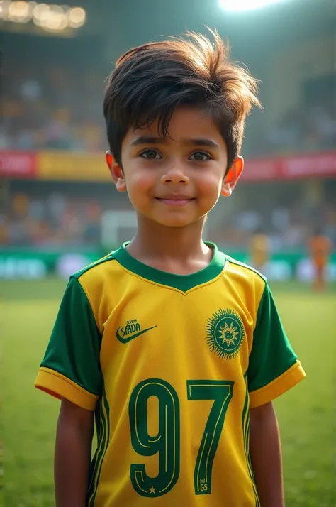 A boy wearing pakistani jersey Jersey name is Sabha and No,is97
