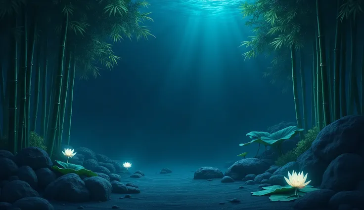 Blue night，inside the sea,Some glowing bamboo branches and leaves appear in the upper left corner of the picture,There are several lotus leaves growing in the lower left corner,On the right side of the picture is the glowing bamboo,Then the bottom is low s...